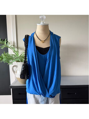 Y2K Blue Draped Cowl Neck Open Back Blouse Size Medium Soft Grunge Top